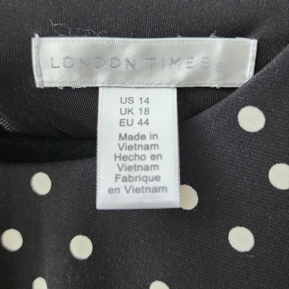 London Times Black & White Polka Dot Midi Dress Stretchy Sz 14 Sleeveless A-line - Picture 5 of 6